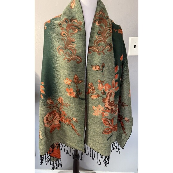 Pashmina 100% Cashmere Scarf Shawl Wrap Green Floral Reversible Black Fringe NWT - Picture 2 of 8